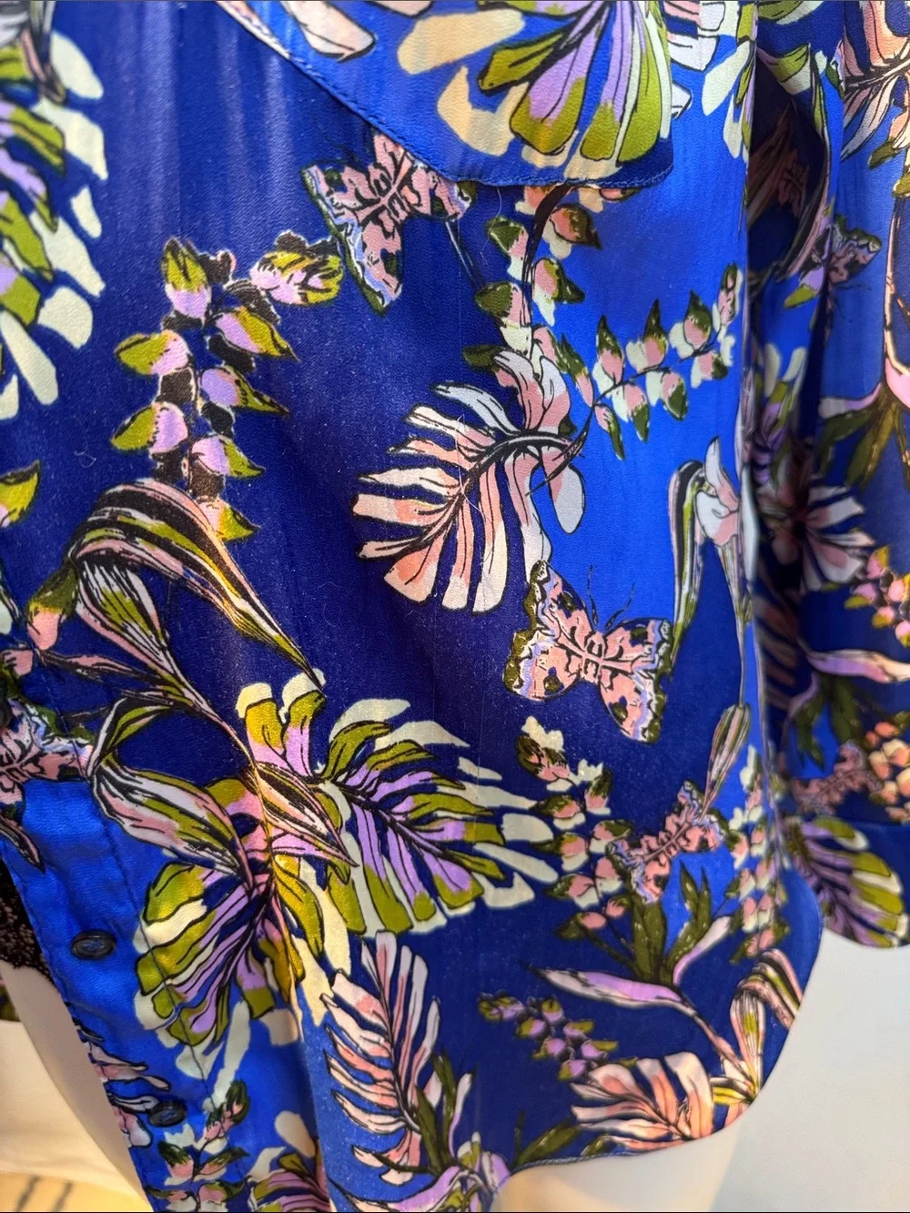 Free People Navy Blue Botanical Satin Button-Down Blouse